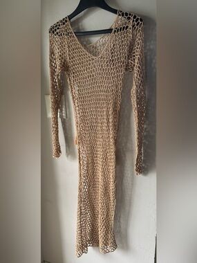 Beige Crochet Long Sleeve Maxi Dress